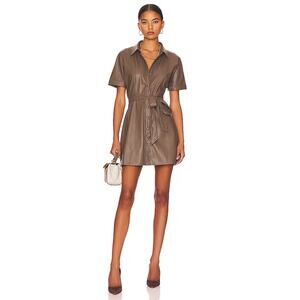 Heartloom Tan Brown Vegan Faux Leather Short Sleeve Belted Button Shirt Dress M